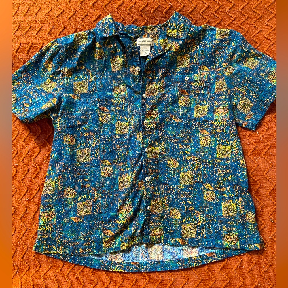 Men’s XL Scandia Woods Cotton Hawaiian Ukulele shirt Batike Print Blue Green